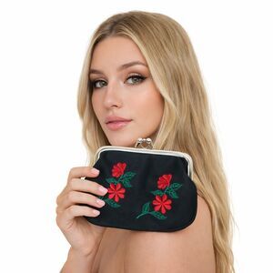 Floral Embroidered Black Clutch